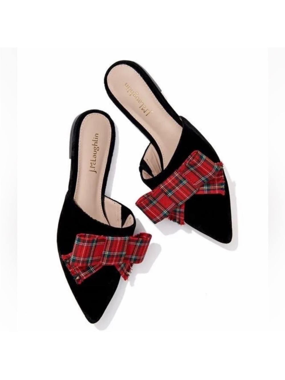 J Mclaughlin Lyon Flats Tartan Red Bow Pointed Toe Black Velvet Slide On Loafers